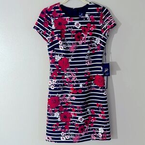 NWT Adrianna Papell Dress With Red & Pink Flowers and A-Line Cap Sleeve - Size 2